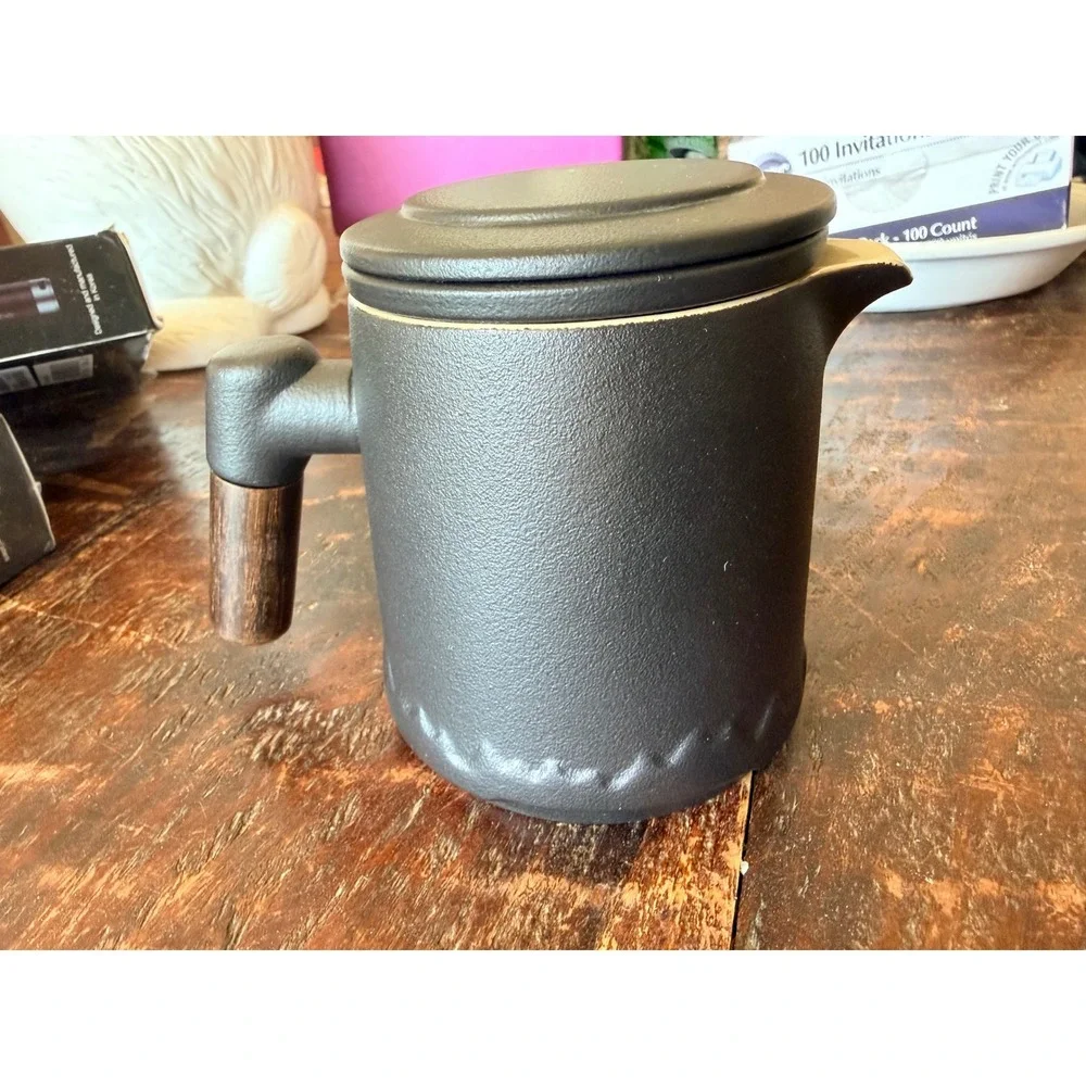 Brown & black mountain Ceramic Tea Set w/ 4 cups Wood Handle Japanese Wabi Sabi